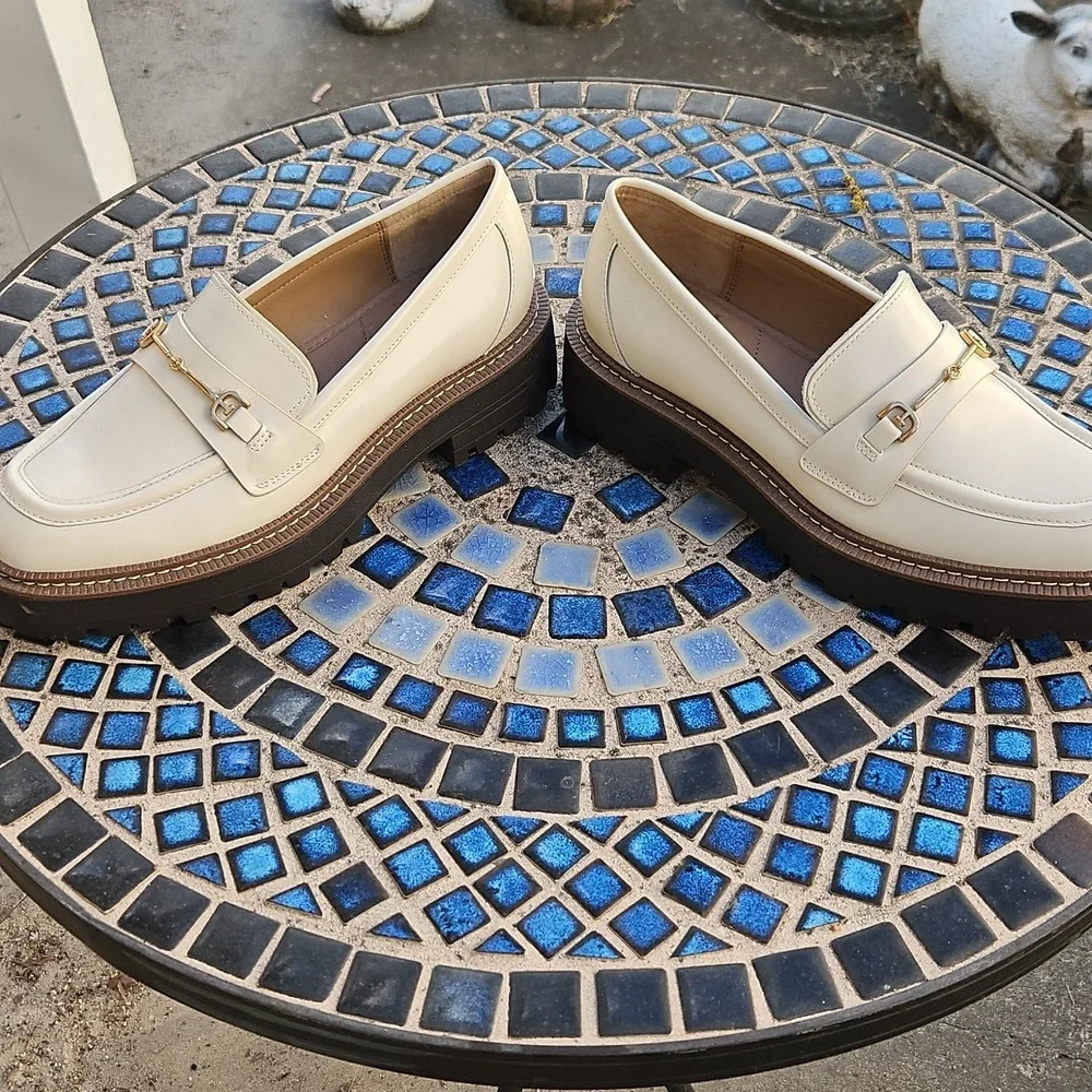 Sam Edelman New York Cream Loafers with Gold Buckle Detail